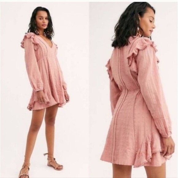 Free People Isabella Mini Dress In Pink Long Sleeve - Picture 2 of 6